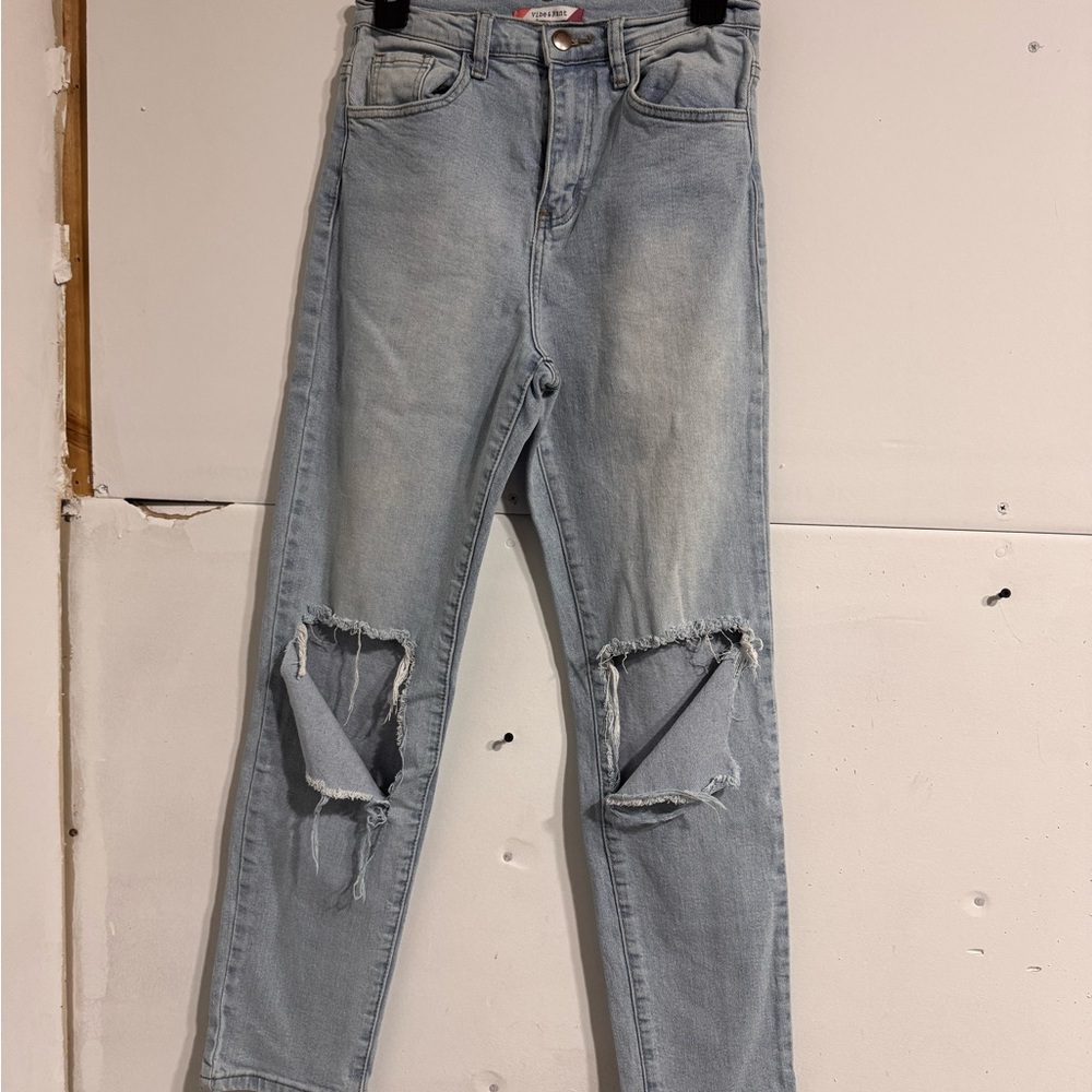 Trendy Distressed Straight Leg Jeans - Light Blue